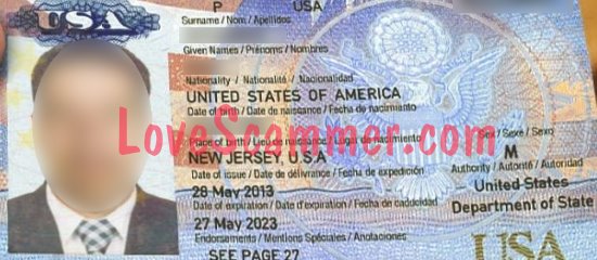 A stolen passport used by a scammer.